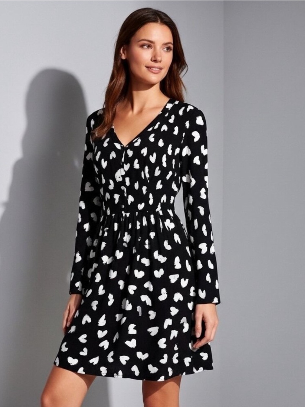 Maeve Anthropologie Banet Smocked Heart Print Long Sleeve Dress